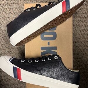 Pro-Keds Classic Black Leather Sneakers with Red and White Stripes